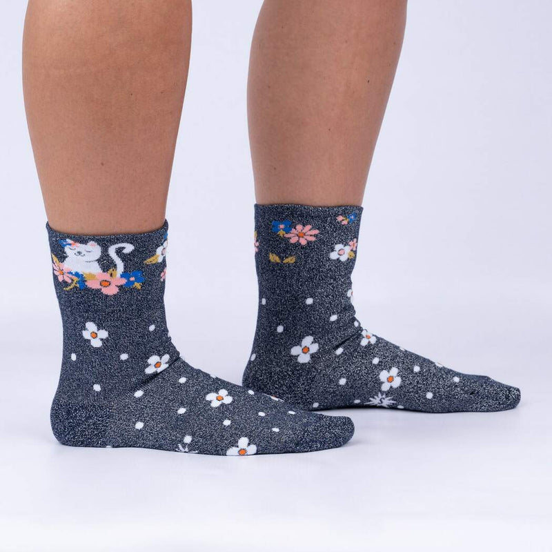 Black glitter turn cuff crew socks with white, blue and pink flower and white cats.