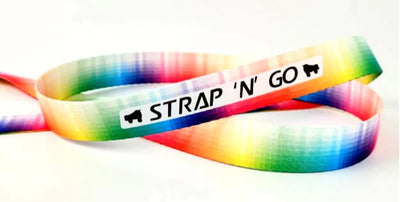 Strap N Go skate leash in rainbow pixel gradient print.