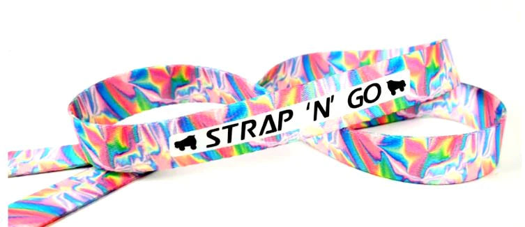 Strap N Go skate leash in holographic print with pastel rainbow swirl colours.