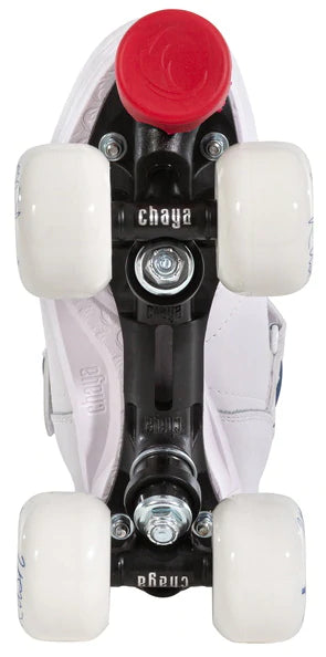 Chaya Jump Skate 2.0. White, sporty sneaker style skate with blue collar, red embroidery and toe stops.