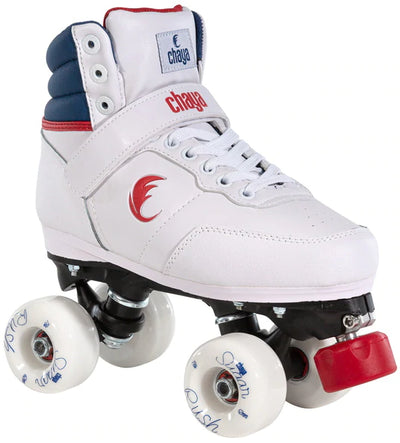 Chaya Jump Skate 2.0. White, sporty sneaker style skate with blue collar, red embroidery and toe stops.