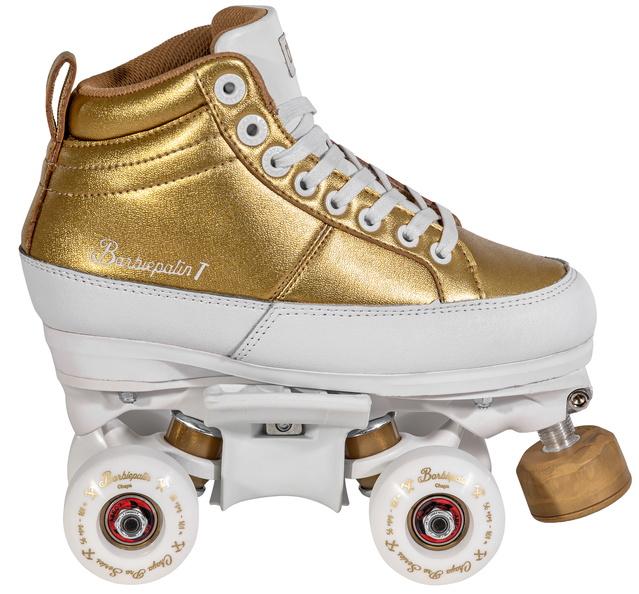 Chaya Kismet Barbiepatin white and gold roller skate.