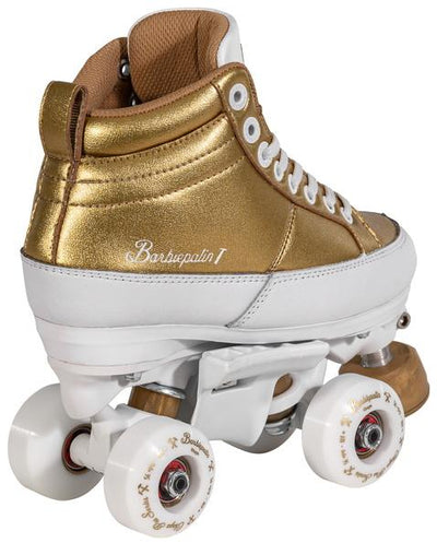 Chaya Kismet Barbiepatin white and gold roller skate.