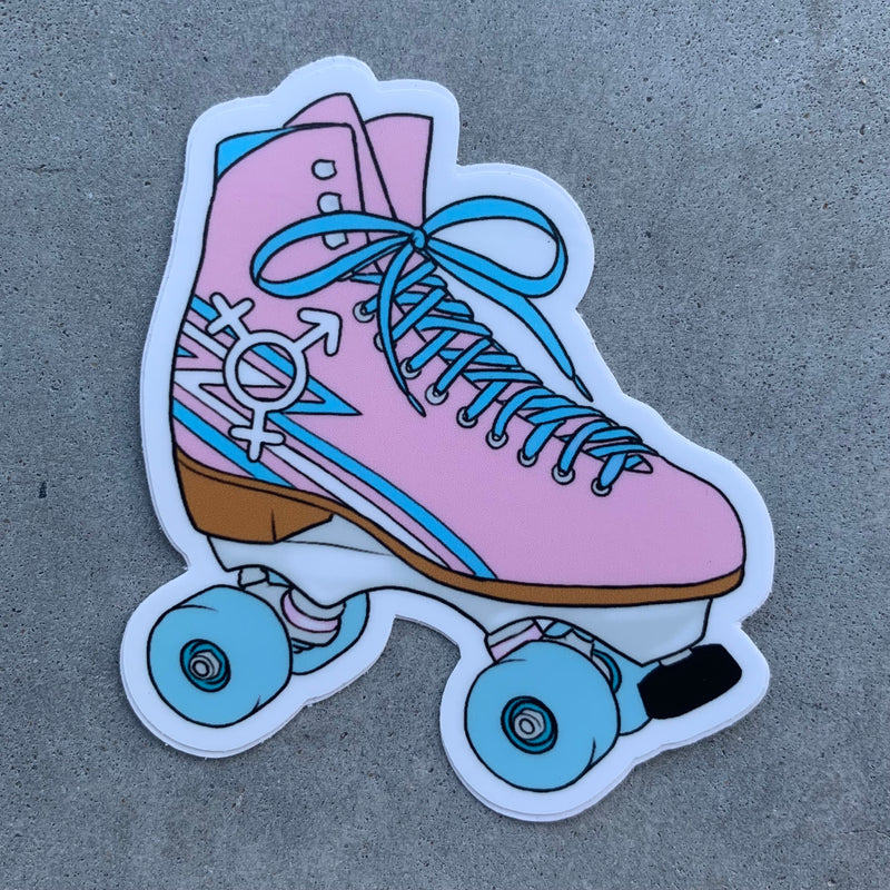 Roller skate design with the pink, blue and white trans flag colours and symbol.