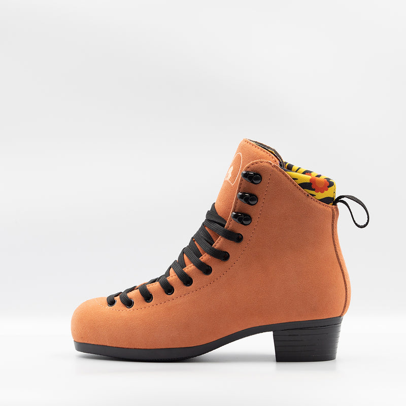 Chuffed Skates Wild Thing Pro Boots, orange suede with black laces and soles, yellow/black tiger print and floral lining.