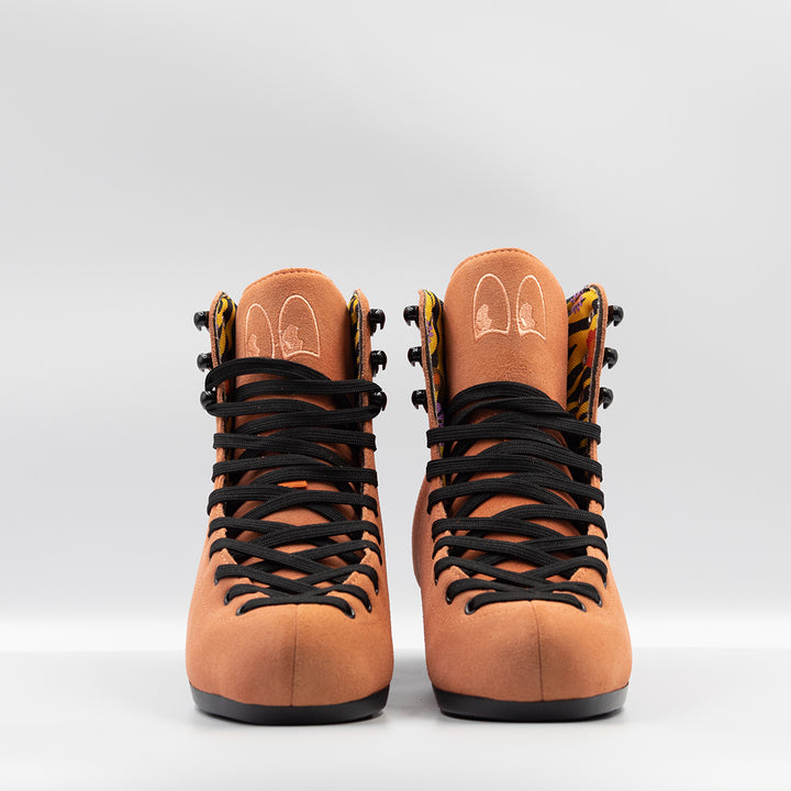 Chuffed Skates Wild Thing Pro Boots, orange suede with black laces and soles.