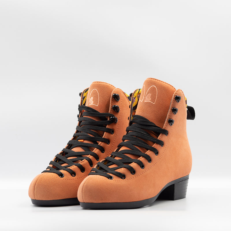 Chuffed Skates Wild Thing Pro Boots, orange suede with black laces and soles.