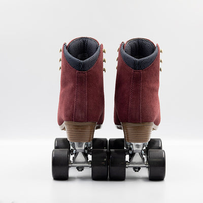 Chuffed Skates Wanderer roller skates in Burgundy with cream laces, eyelets and logo embroidery, black toe stops and wheels.