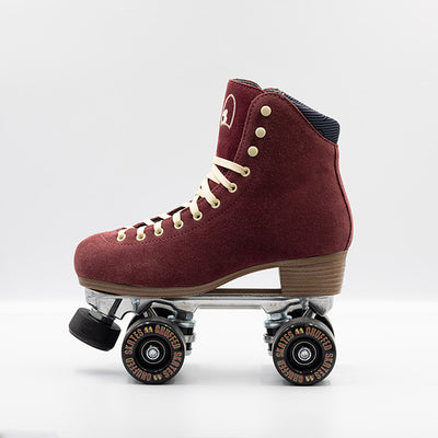 Chuffed Skates Wanderer roller skates in Burgundy with cream laces, eyelets and logo embroidery, black toe stops and wheels.