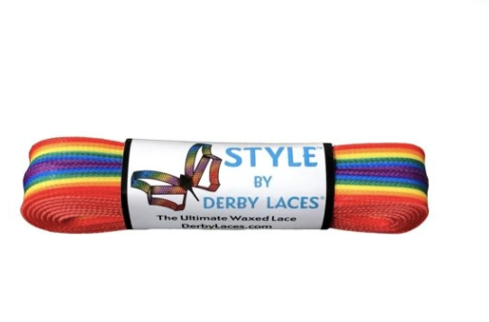 Derby Laces Style roller skate laces in Rainbow Stripe.