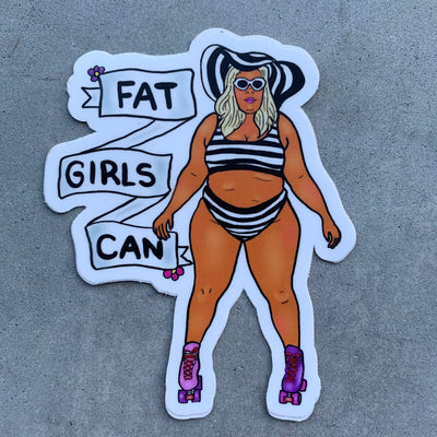 Fat Femme Fatal Fat girls can sticker portrait of Courtney Shove in black and white bikini with purple roller skates.