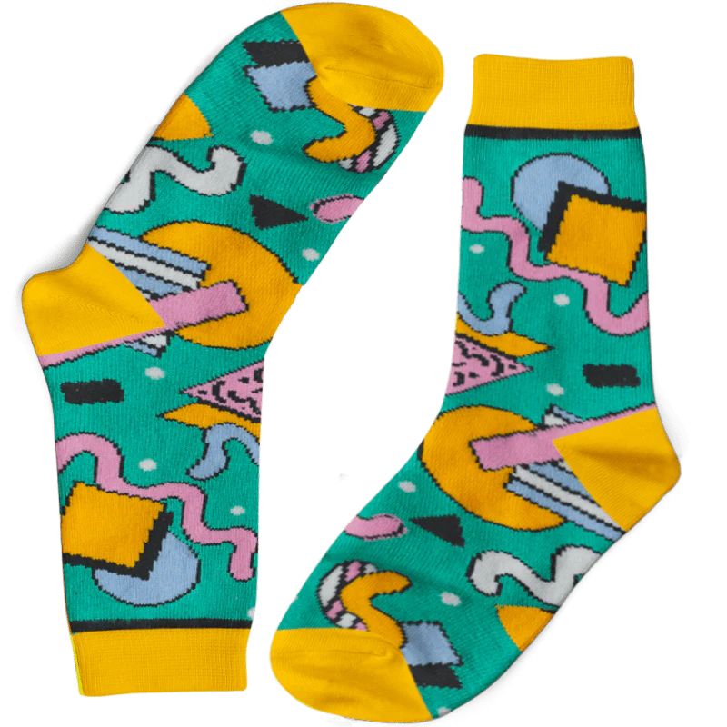 Teal green, yellow, pink, pale blue and white retro shape pattern socks.