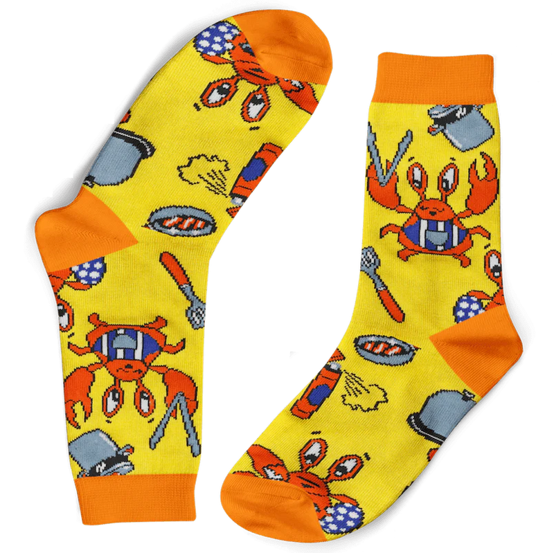 Funky Socks Co Crabs in Kitchen socks, yellow, blue and grey print.