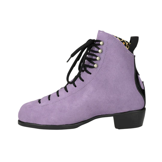 Moxi Roller Skates Jack 2 Lilac with black heel, laves, backstay and leopard print lining.