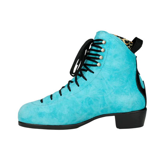 Moxi Roller Skates Jack 2 True Blue with black heel, laves, backstay and leopard print lining. 