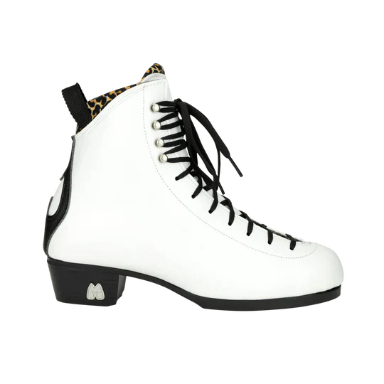 Moxi Roller Skates Jack 2 boot in Vegan White, with black laces, heel and backstay, and leopard print lining.