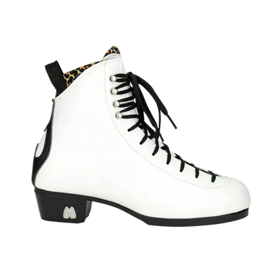 Moxi Roller Skates Jack 2 boot in Vegan White, with black laces, heel and backstay, and leopard print lining.