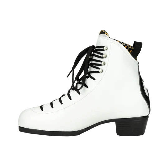 Moxi Roller Skates Jack 2 boot in Vegan White, with black laces, heel and backstay, and leopard print lining.