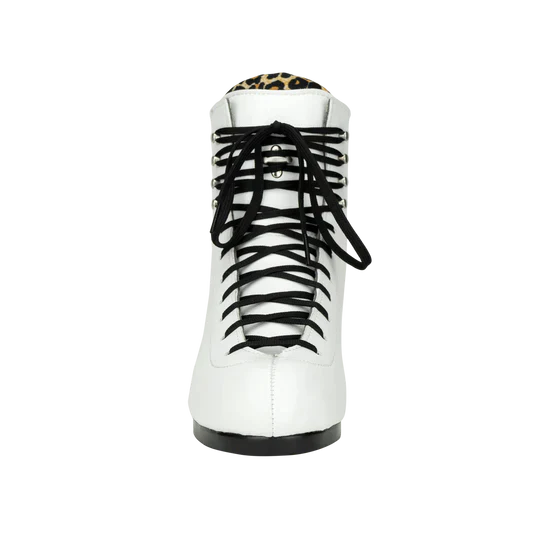 Moxi Roller Skates Jack 2 boot in Vegan White, with black laces, heel and backstay, and leopard print lining.