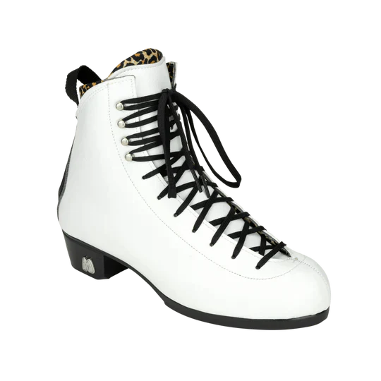 Moxi Roller Skates Jack 2 boot in Vegan White, with black laces, heel and backstay, and leopard print lining.