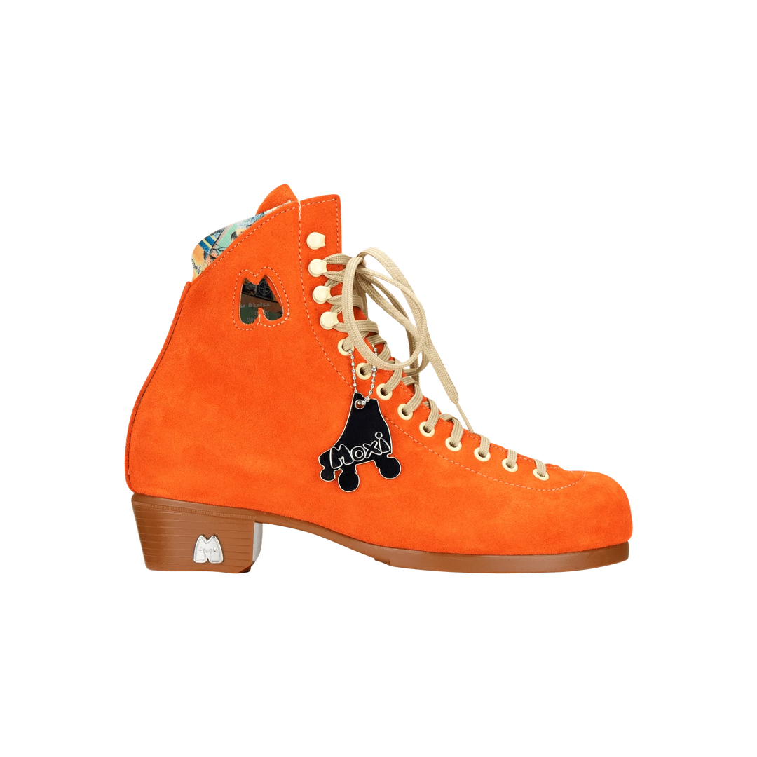 Moxi Lolly roller skate boot in Clementine orange with signature Moxi "M" cutout and lining, tan sole, and oyster laces and eyelets.