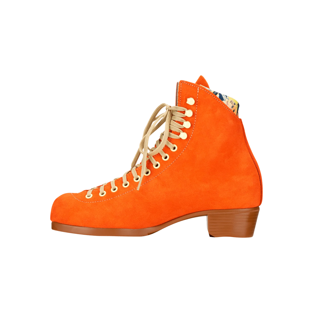 Moxi Lolly roller skate boot in Clementine orange with signature Moxi "M" cutout and lining, tan sole, and oyster laces and eyelets.