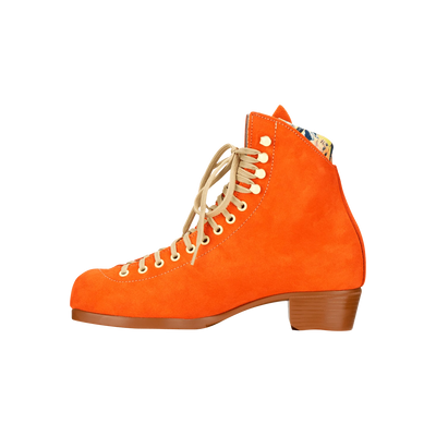 Moxi Lolly roller skate boot in Clementine orange with signature Moxi "M" cutout and lining, tan sole, and oyster laces and eyelets.