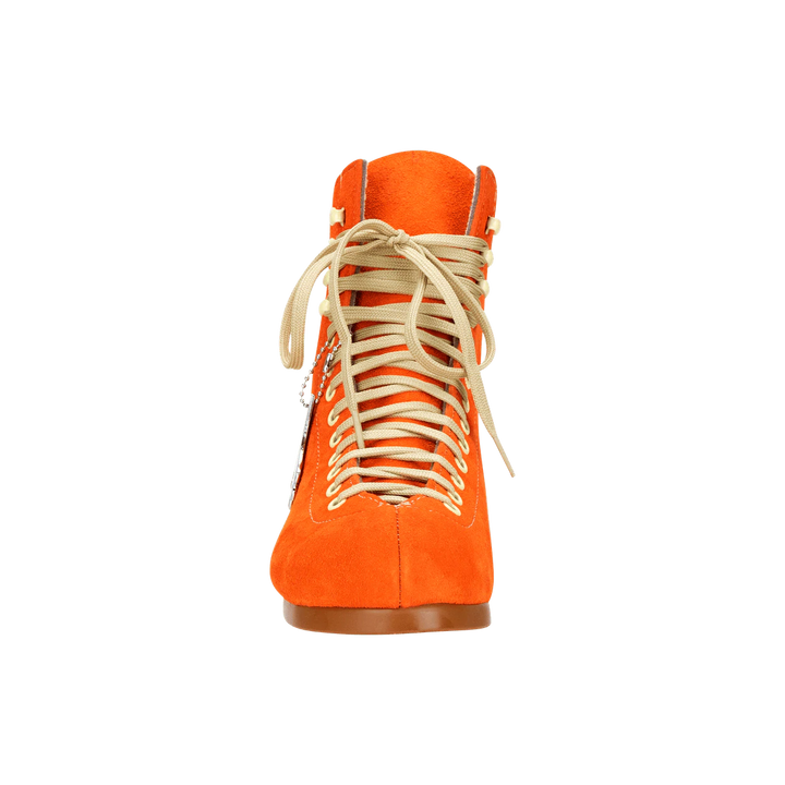 Moxi Lolly roller skate boot in Clementine orange with signature Moxi "M" cutout and lining, tan sole, and oyster laces and eyelets.