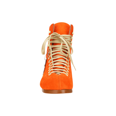 Moxi Lolly roller skate boot in Clementine orange with signature Moxi "M" cutout and lining, tan sole, and oyster laces and eyelets.