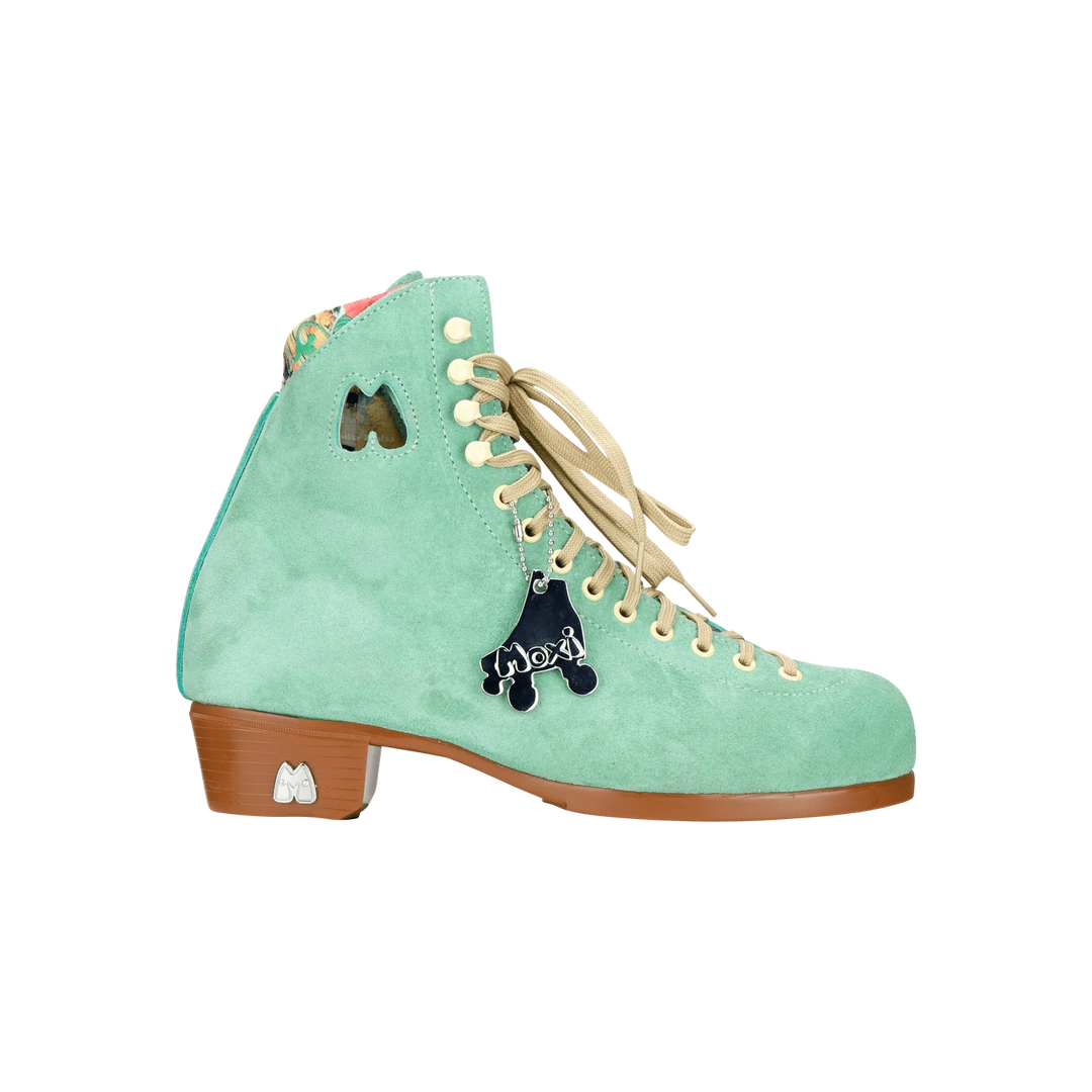 Moxi Lolly roller skate boot in Floss teal with signature Moxi "M" cutout and lining, tan sole, and oyster laces and eyelets.