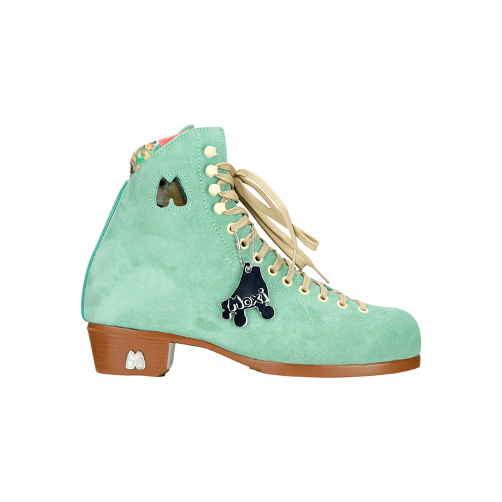 Moxi Lolly roller skate boot in Floss teal with signature Moxi "M" cutout and lining, tan sole, and oyster laces and eyelets.