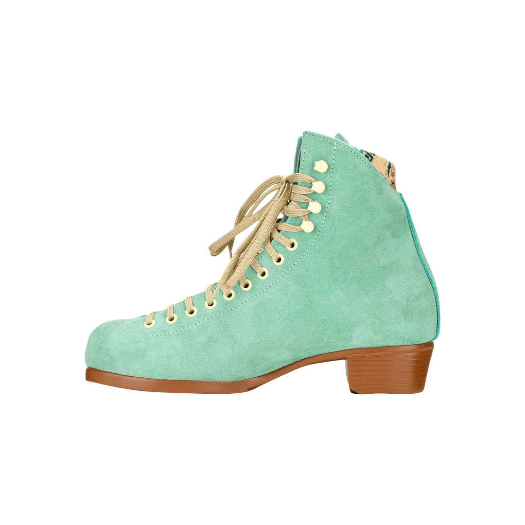 Moxi Lolly roller skate boot in Floss teal with signature Moxi "M" cutout and lining, tan sole, and oyster laces and eyelets.