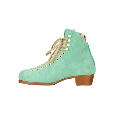 Moxi Lolly roller skate boot in Floss teal with signature Moxi "M" cutout and lining, tan sole, and oyster laces and eyelets.
