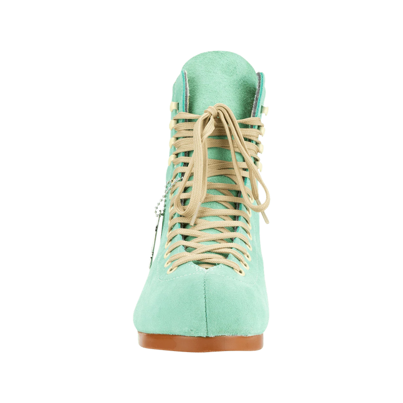 Moxi Lolly roller skate boot in Floss teal with signature Moxi "M" cutout and lining, tan sole, and oyster laces and eyelets.