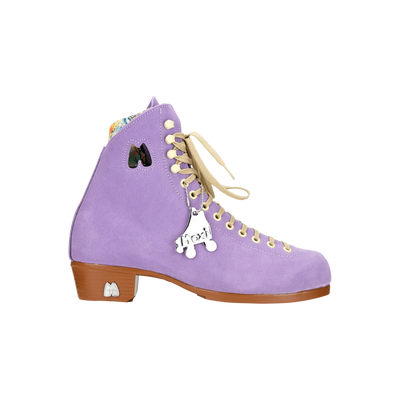 Moxi Lolly roller skate boot in Lilac with signature Moxi "M" cutout and lining, tan sole, and oyster laces and eyelets.