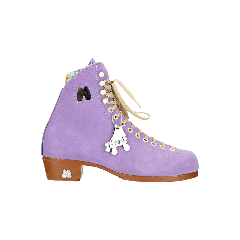 Moxi Lolly roller skate boot in Lilac with signature Moxi "M" cutout and lining, tan sole, and oyster laces and eyelets.
