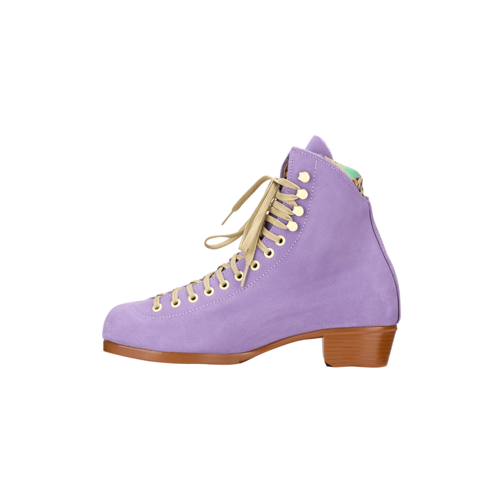 Moxi Lolly roller skate boot in Lilac with signature Moxi "M" cutout and lining, tan sole, and oyster laces and eyelets.