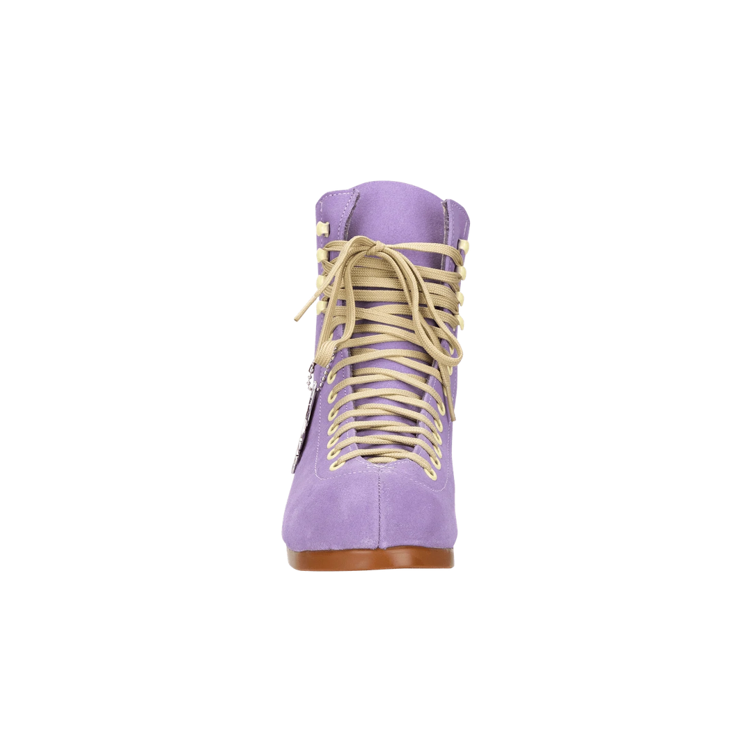 Moxi Lolly roller skate boot in Lilac with signature Moxi "M" cutout and lining, tan sole, and oyster laces and eyelets.