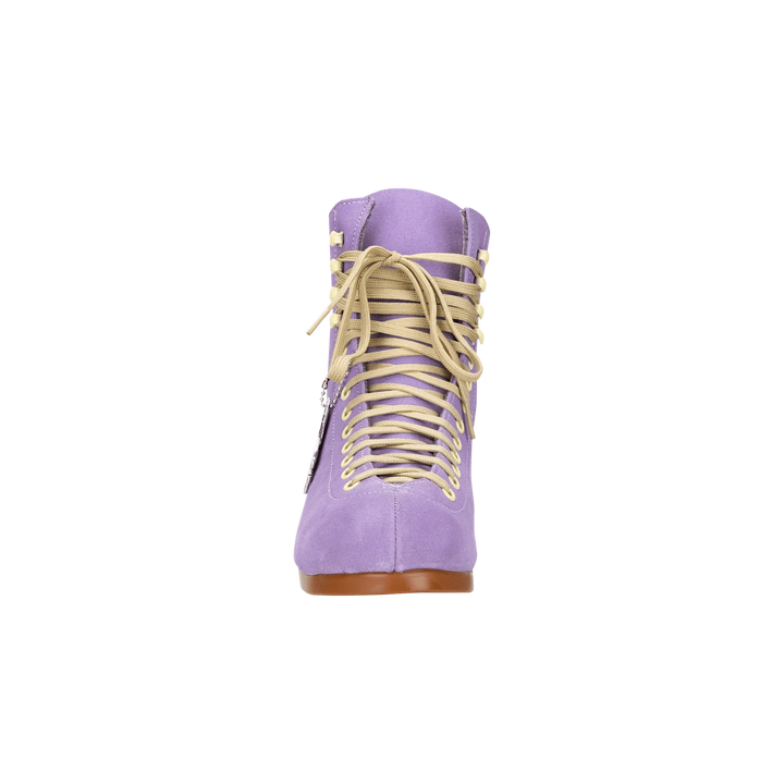 Moxi Lolly roller skate boot in Lilac with signature Moxi "M" cutout and lining, tan sole, and oyster laces and eyelets.