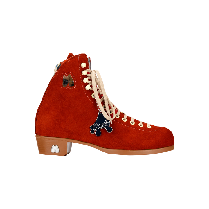 Moxi Lolly roller skate boot in Poppy red with signature Moxi "M" cutout and lining, tan sole, and oyster laces and eyelets.