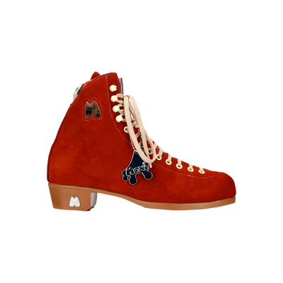 Moxi Lolly roller skate boot in Poppy red with signature Moxi "M" cutout and lining, tan sole, and oyster laces and eyelets.