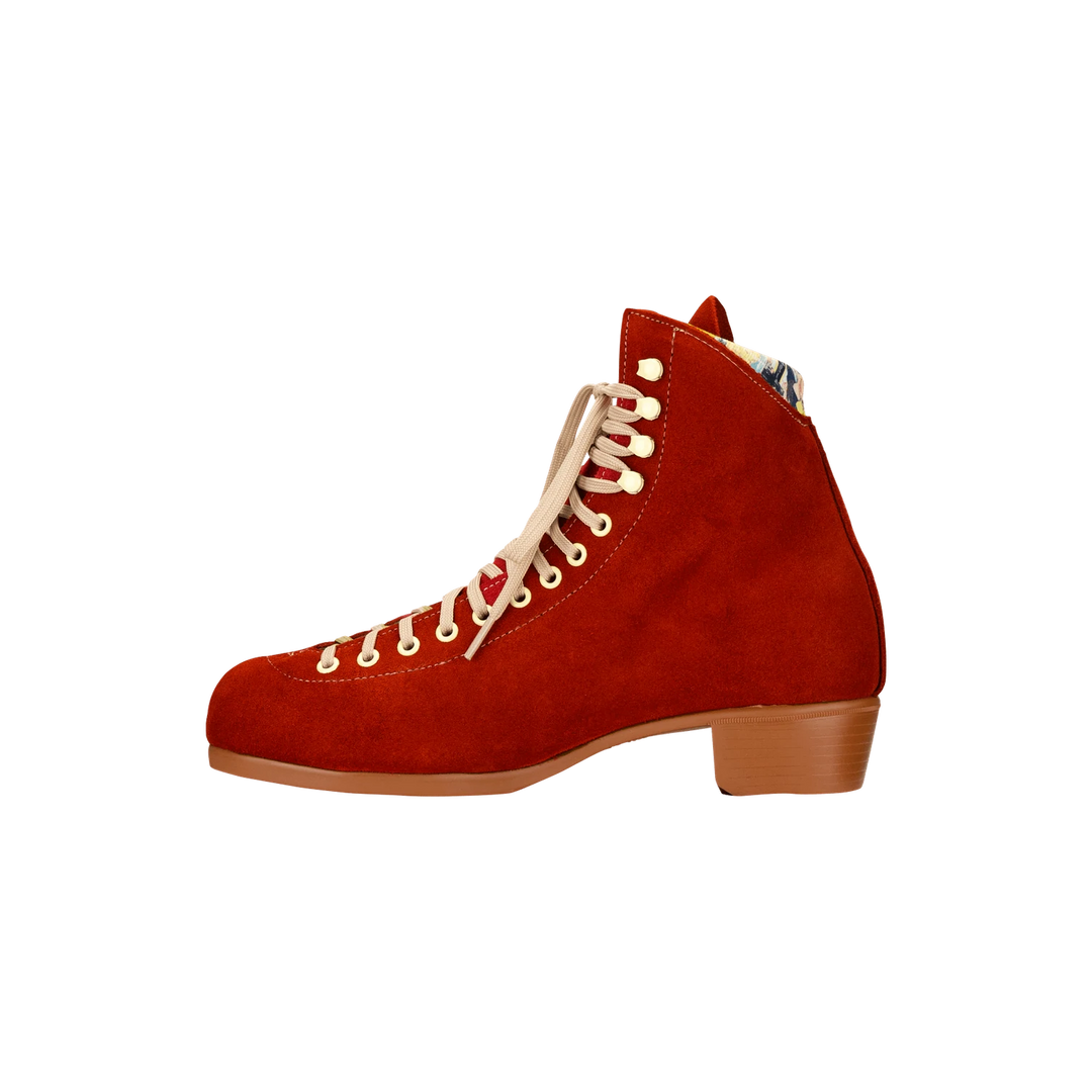 Moxi Lolly roller skate boot in Poppy red with signature Moxi "M" cutout and lining, tan sole, and oyster laces and eyelets.