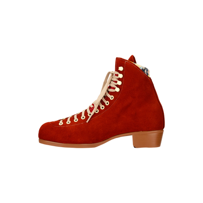 Moxi Lolly roller skate boot in Poppy red with signature Moxi "M" cutout and lining, tan sole, and oyster laces and eyelets.