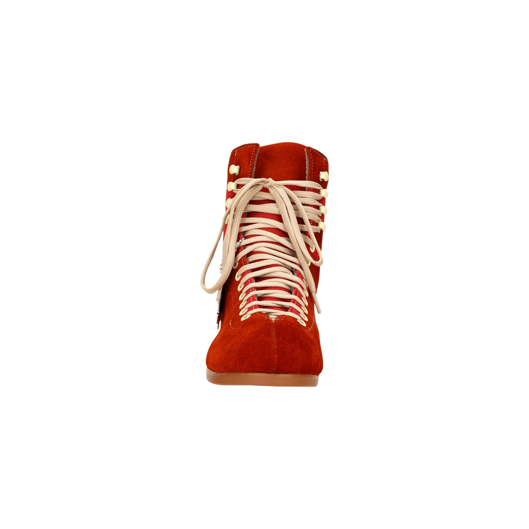 Moxi Lolly roller skate boot in Poppy red with signature Moxi "M" cutout and lining, tan sole, and oyster laces and eyelets.