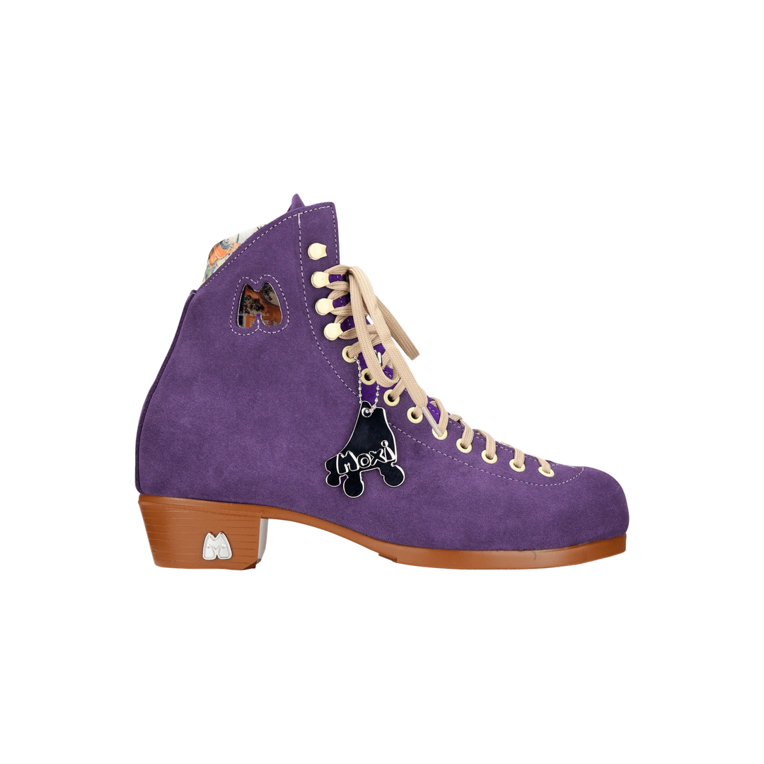 Moxi Lolly roller skate boot in Taffy purple with signature Moxi "M" cutout and lining, tan sole, and oyster laces and eyelets.