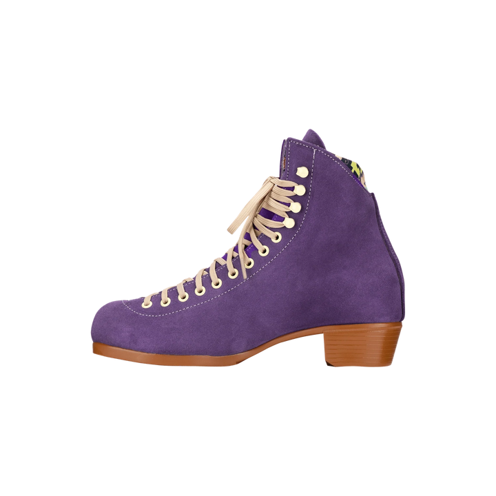 Moxi Lolly roller skate boot in Taffy purple with signature Moxi "M" cutout and lining, tan sole, and oyster laces and eyelets.