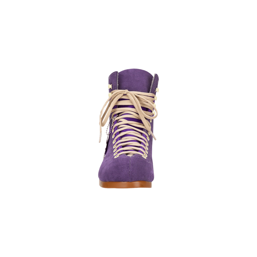 Moxi Lolly roller skate boot in Taffy purple with signature Moxi "M" cutout and lining, tan sole, and oyster laces and eyelets.