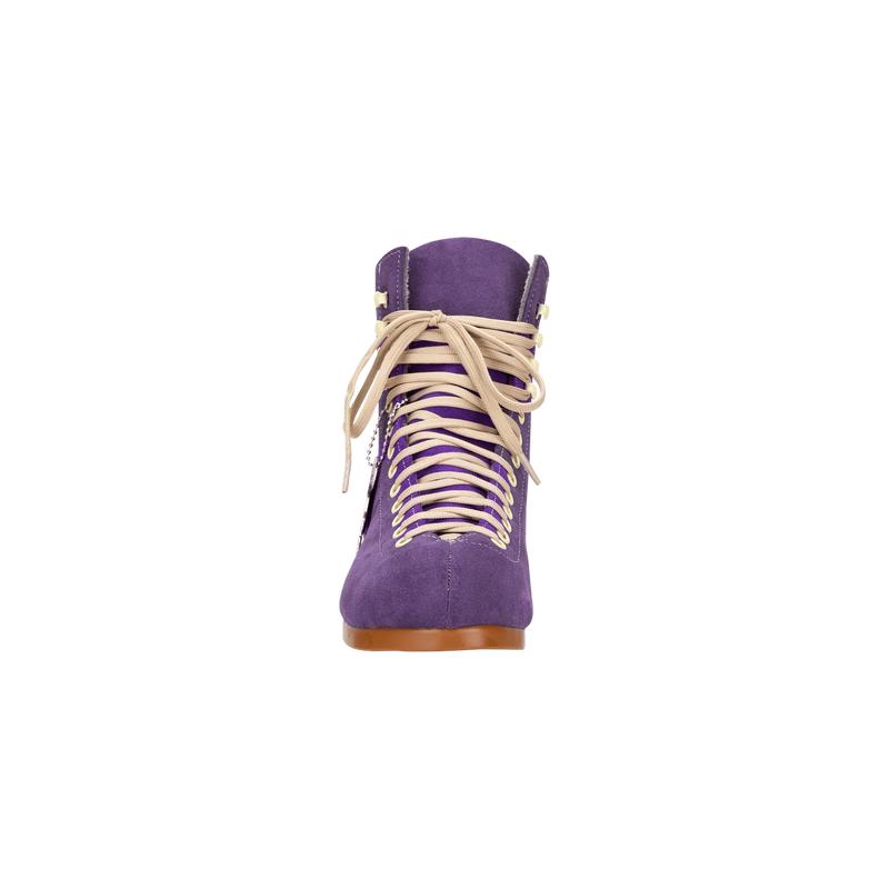 Moxi Lolly roller skate boot in Taffy purple with signature Moxi "M" cutout and lining, tan sole, and oyster laces and eyelets.