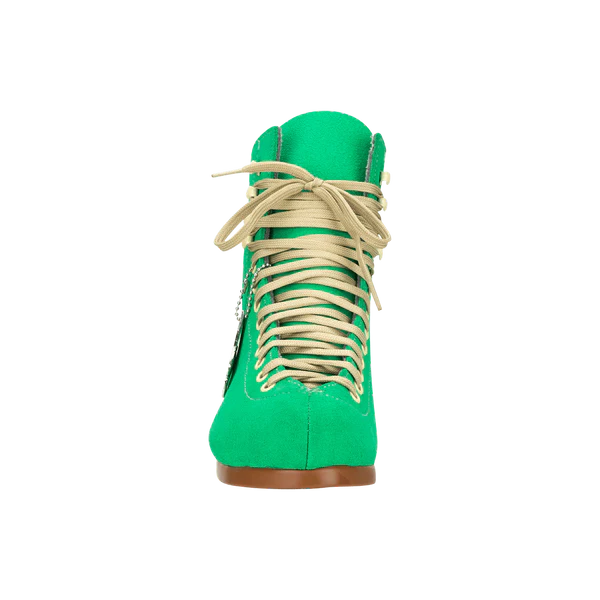 Moxi Lolly roller skate boot in Green Apple with signature Moxi "M" cutout and lining, tan sole, and oyster laces and eyelets.