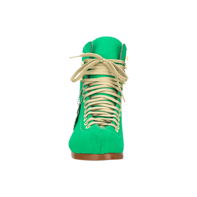 Moxi Lolly roller skate boot in Green Apple with signature Moxi "M" cutout and lining, tan sole, and oyster laces and eyelets.